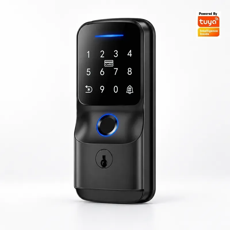 Smart Door Lock Wifi - 自動デッドボルトロック、スマートパスワードロック、Tuya Wi-Fi対応、指紋認証、木製電子ドアロック