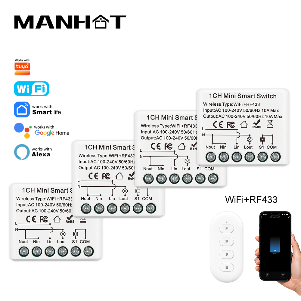 Smart Light Switch Wifi - 10A ミニ WIFI スマートスイッチ RF433Mhz ワイヤレスリモコンライトリレーブレーカー音声制御ホームオートメーションワーク