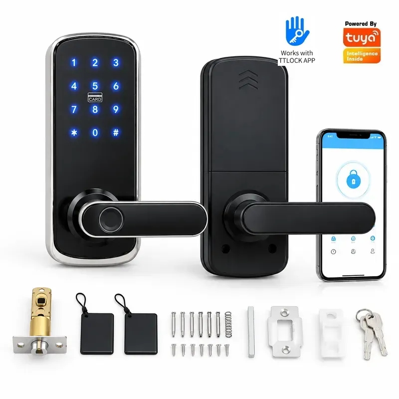 Smart Door Lock Wifi - Tuya Wi-Fi対応、パスワードと指紋認証機能付き、屋内用木製ドア用、ホームステイ向け、Ttlockパスワードスマートロック、アプリによる遠隔操作。